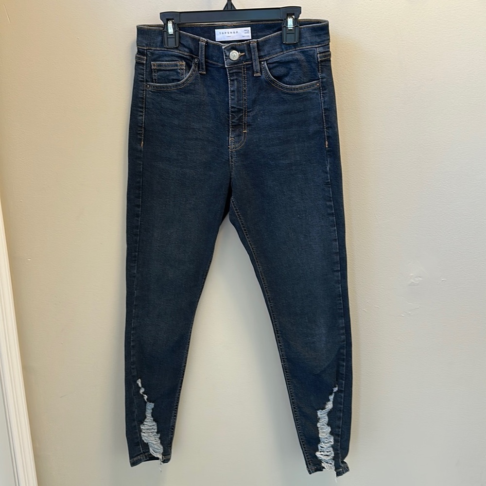 Topshop Blue Ankle Cropped Jeans with Distressed Hem